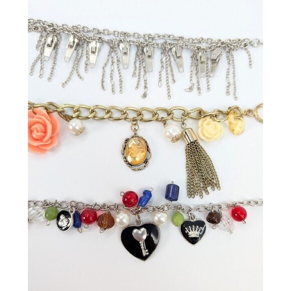 Set of 3 Charm Bracelet Zip Motif Heart Faux Pearl Flower Beads Retro Y2K Whimsy - Picture 3 of 12